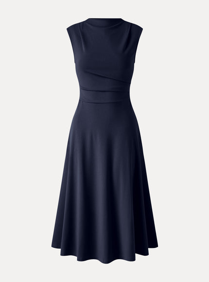 Viscose-Cotton Mock Neck Sleeveless Tucked Midi Dress