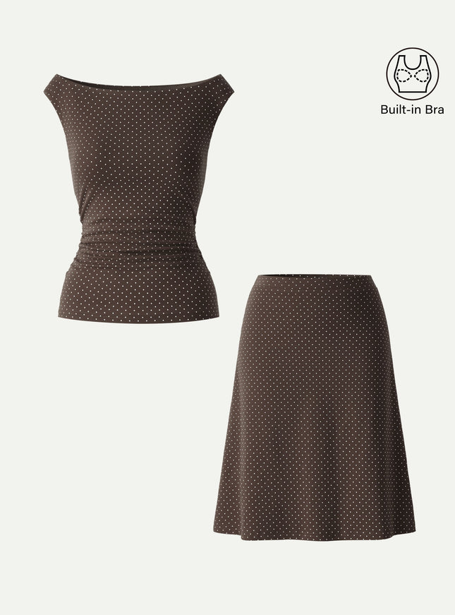 2Pcs Set Polka Dot Boatneck Built-In Bra & A-Line Flare Skirt Limited Edition