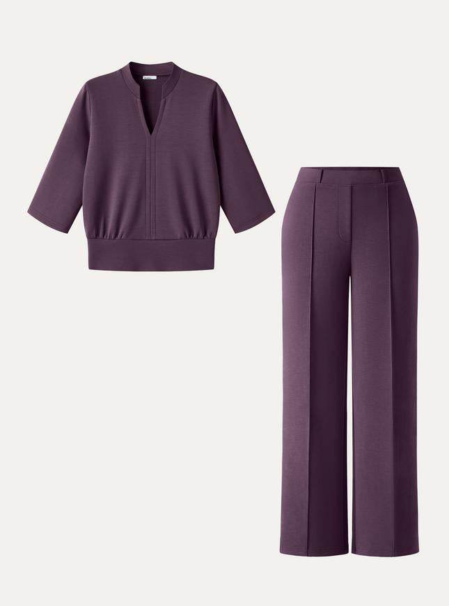 2Pcs Set V-Neck Elbow Sleeve Top & Mid Rise Straight Leg Pants with Pockets