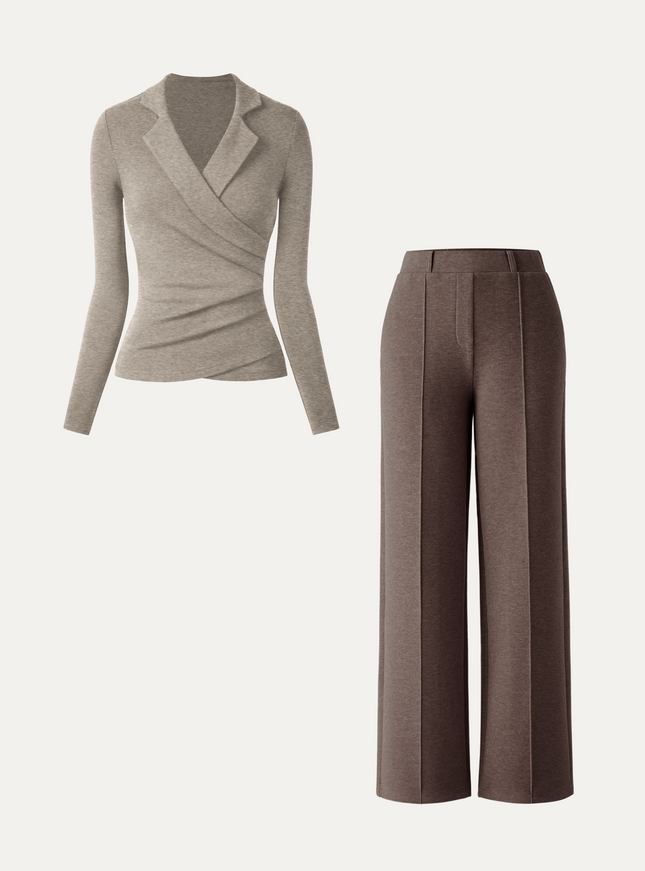 2Pcs Set Collared Surplice Top & High Waisted Straight Leg Pull On Pant