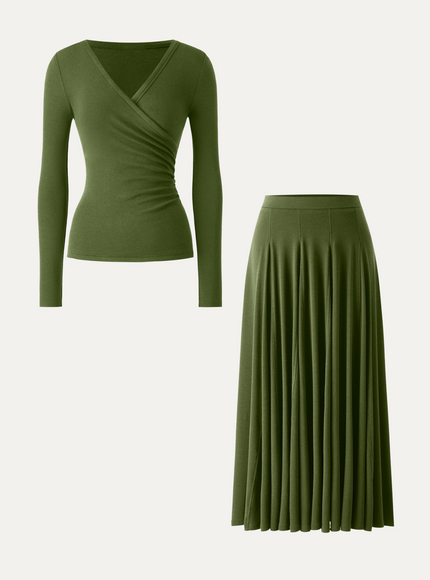 2Pcs Set Surplice Ruched Long Sleeve & Godet Hem Pull-on Maxi Skirt