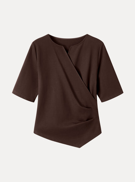 Ponte Surplice Elbow Sleeve Asymmetrical Hem Top