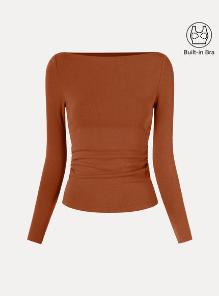Modern Side Ruched Boatneck Built-In Bra Top