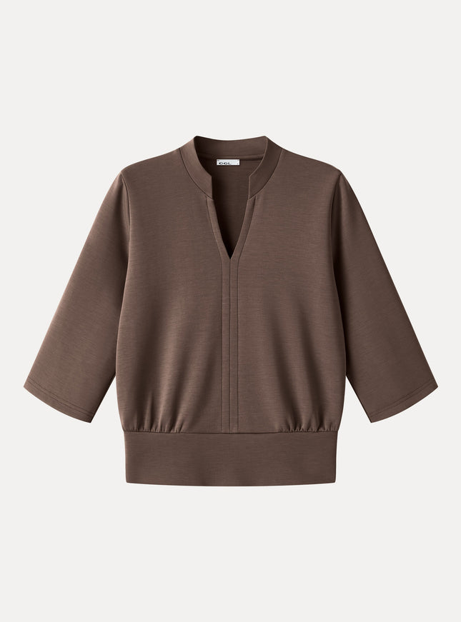 Lyocell Spacer Knit V-Neck Elbow Sleeve Banded Top
