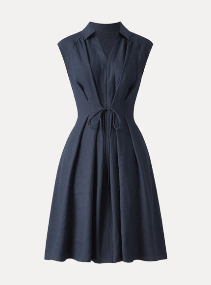 Viscose-Linen Collared V-neck Midi Dress with Drawstring