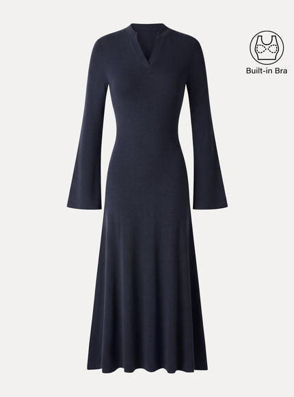 V-Neck Long Sleeve Flowy Midi Built-In Bra Dress