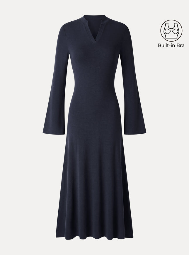 V-Neck Long Sleeve Flowy Midi Built-In Bra Dress