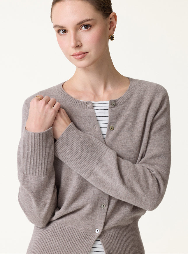 100% Merino Wool Crew Neck Long Sleeve Button-Front Cardigan