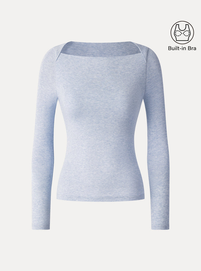 Lyocell-Wool Trapeze Neck Long Sleeve Built-In Bra Top