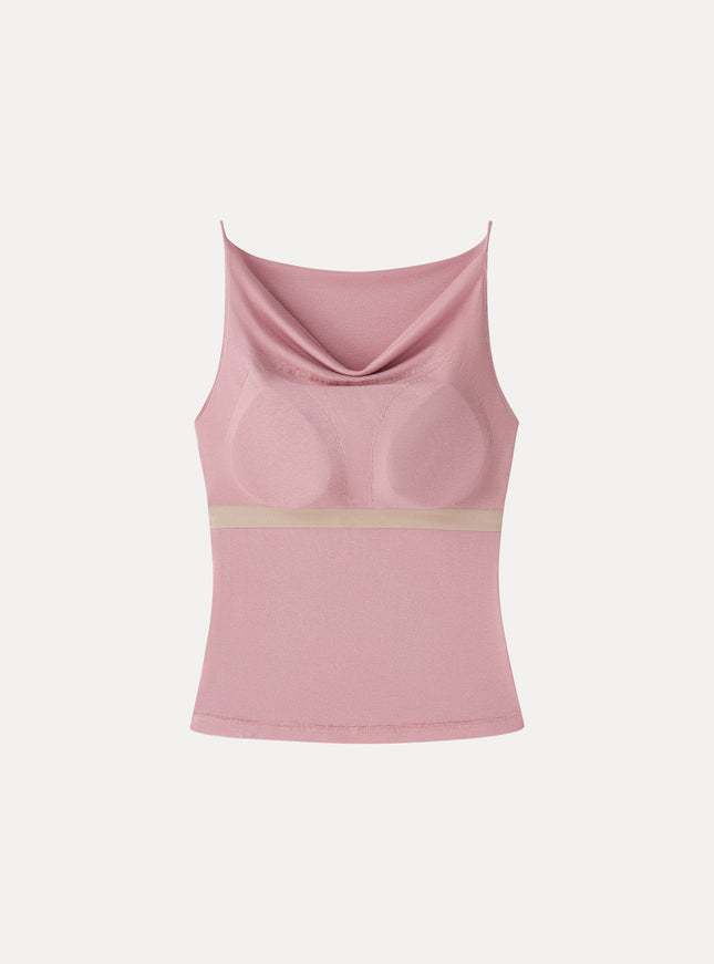 Stretch Linen Cowl Neck Built-In Bra Tank