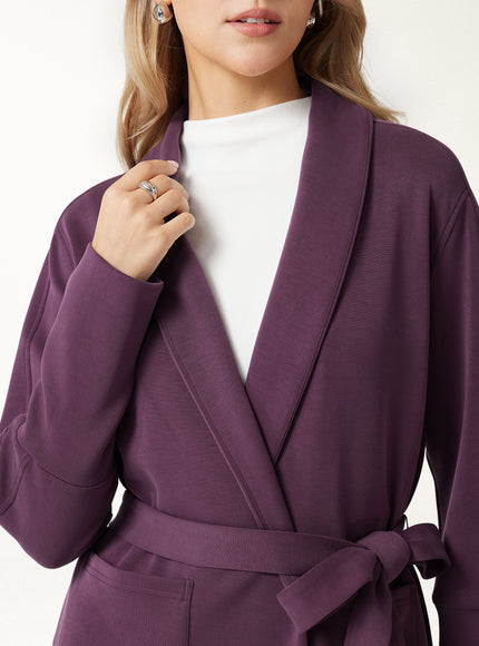 Modal Stretch Fleece Lapel Long Sleeve Belted Coat with Pockets