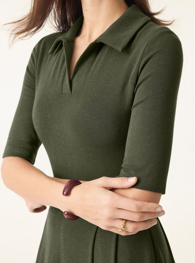Polo Neck Elbow Length Sleeve Midi Built-In Bra Dress with Pockets