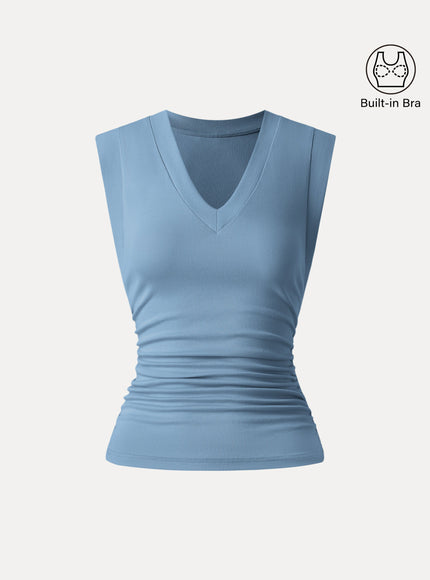 Stretch Cotton V-neck Side Ruched Muscle Built-In Bra Top