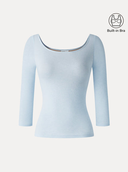 Lyocell-Wool Knit Scoop Neck 3/4 Sleeve Built-In Bra Top
