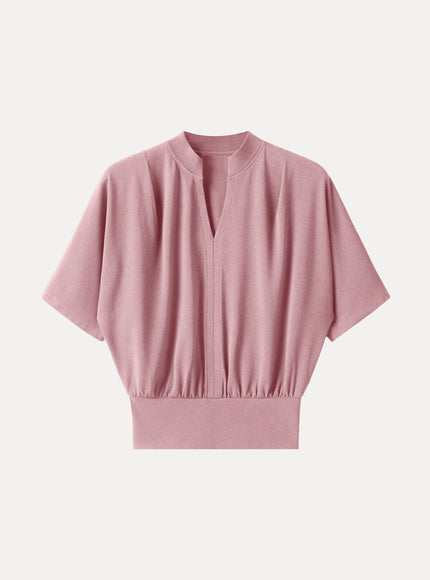 Stand Collar V-Neck Short Sleeve Top