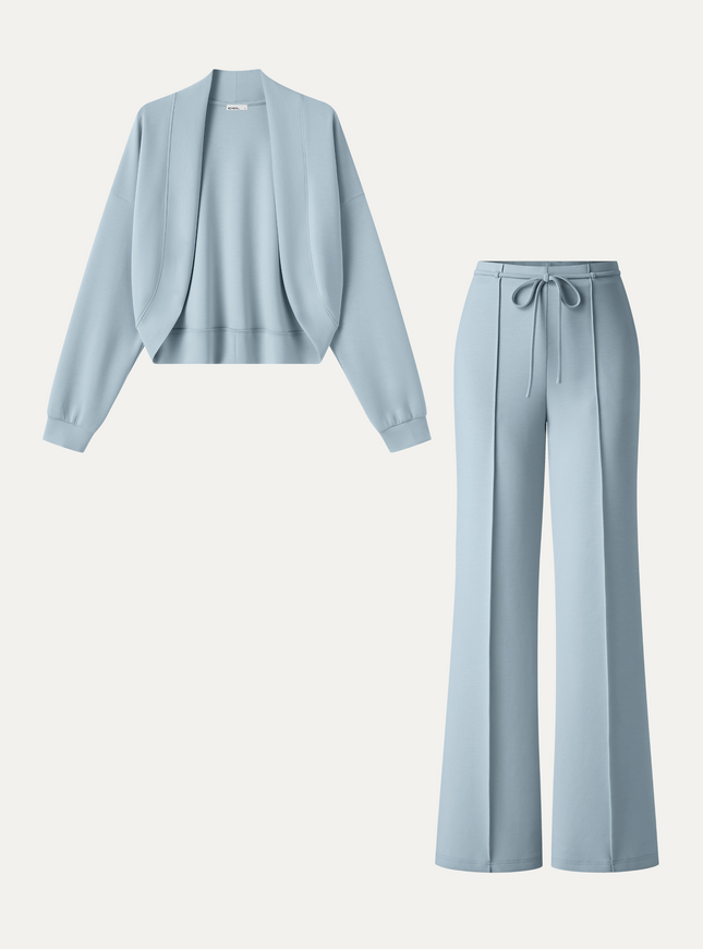 2Pcs Set Long Sleeve Drop-Shoulder Cardigan & High-Rise Flare Pants with Pockets