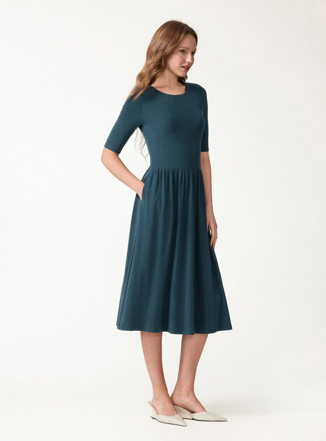 Round Neck Fit-and-Flare Midi Built-In Bra Dress with Pockets
