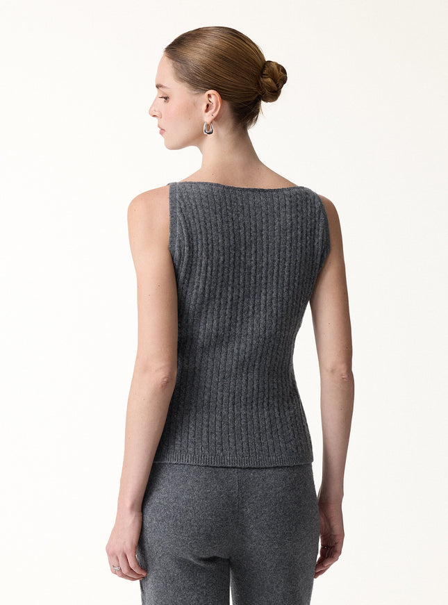 2Pcs Set Sleeveless Cable-Knit Sweater Tank & Drawstring Wide-Leg Knit Pants