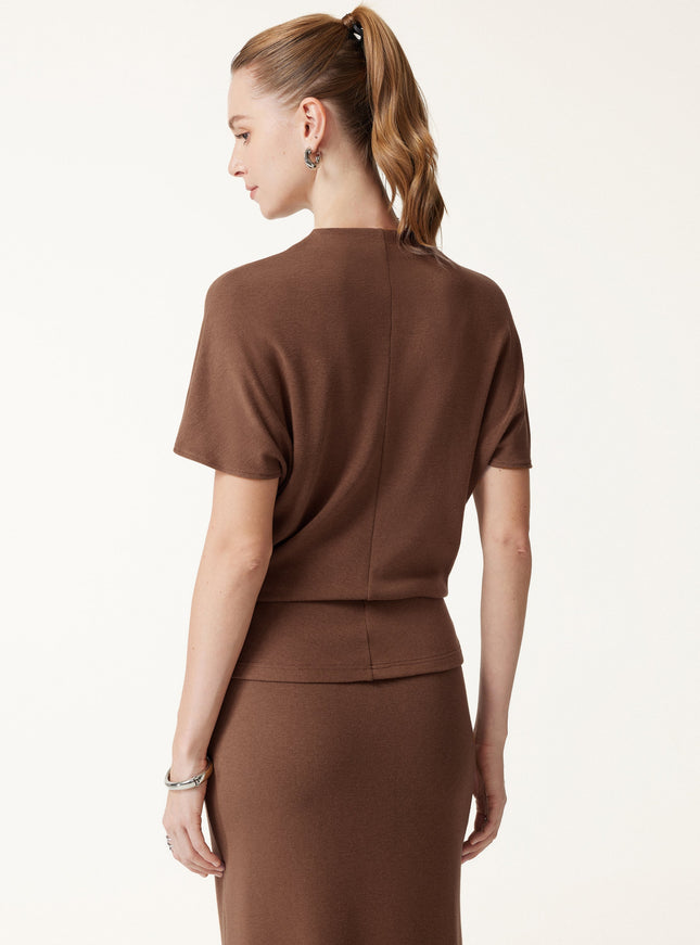 2Pcs Set Mock Neck Cap Sleeve Seamed Top & Mid-Rise Column Midi Skirt