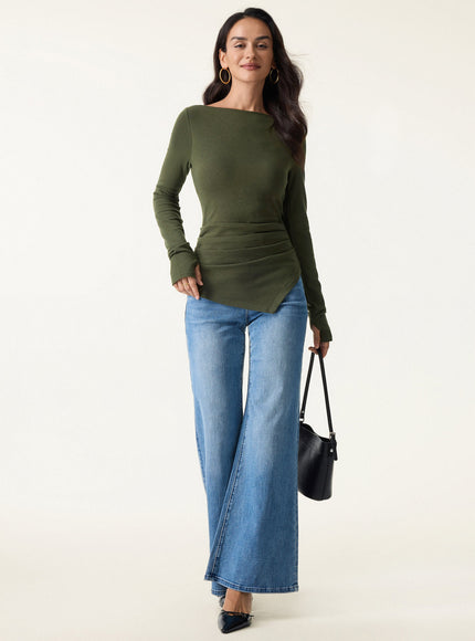 Boatneck Side Tucks Asymmetrical Built-In Bra Top