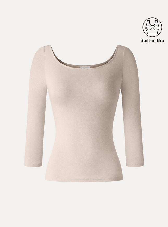 Lyocell-Wool Knit Scoop Neck 3/4 Sleeve Built-In Bra Top