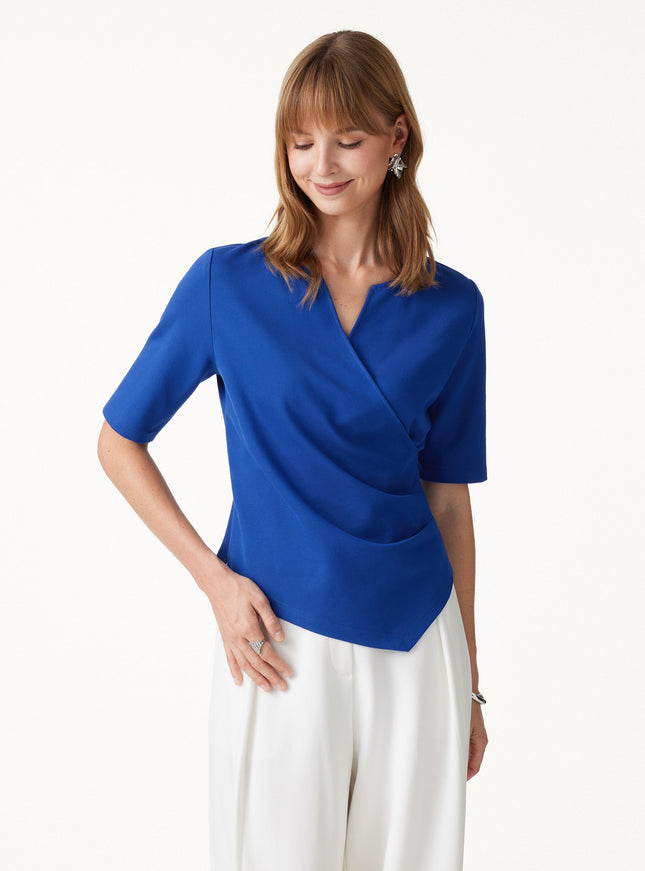 Ponte Surplice Elbow Sleeve Asymmetrical Hem Top