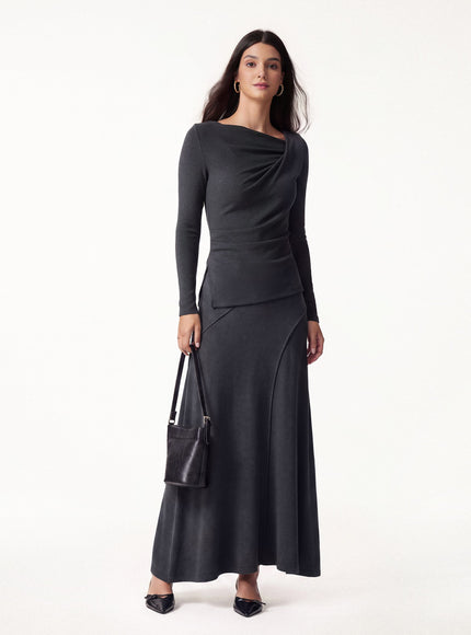 2Pcs Set Asymmetrical Neck Top & Drapey A-Line Midi Skirt