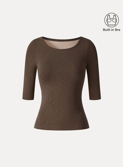 Round Neck Elbow Sleeve Built-In Bra Top
