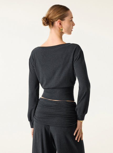 2Pcs Set Boatneck Built-In Bra & Drapey Wide Leg Pull-on Pants with Pockets
