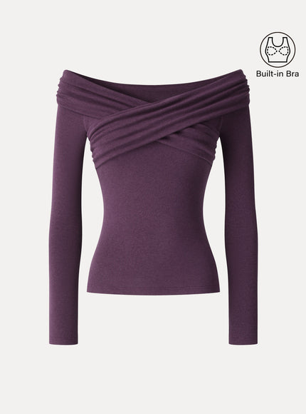 Surplice Long Sleeve Ruched Built-In Bra Top