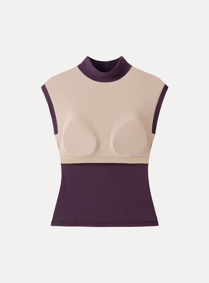 Stretch Cotton Mock Neck Cap Sleeve Built-In Bra Top