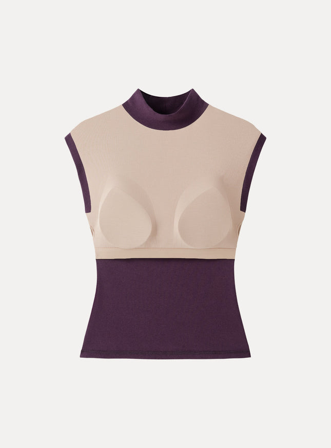 Stretch Cotton Mock Neck Cap Sleeve Built-In Bra Top