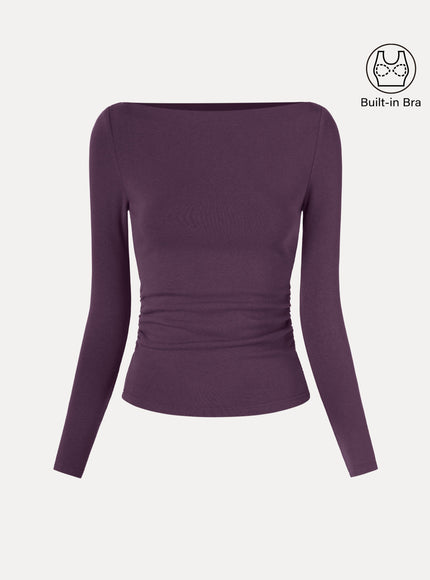 Modern Side Ruched Boatneck Built-In Bra Top