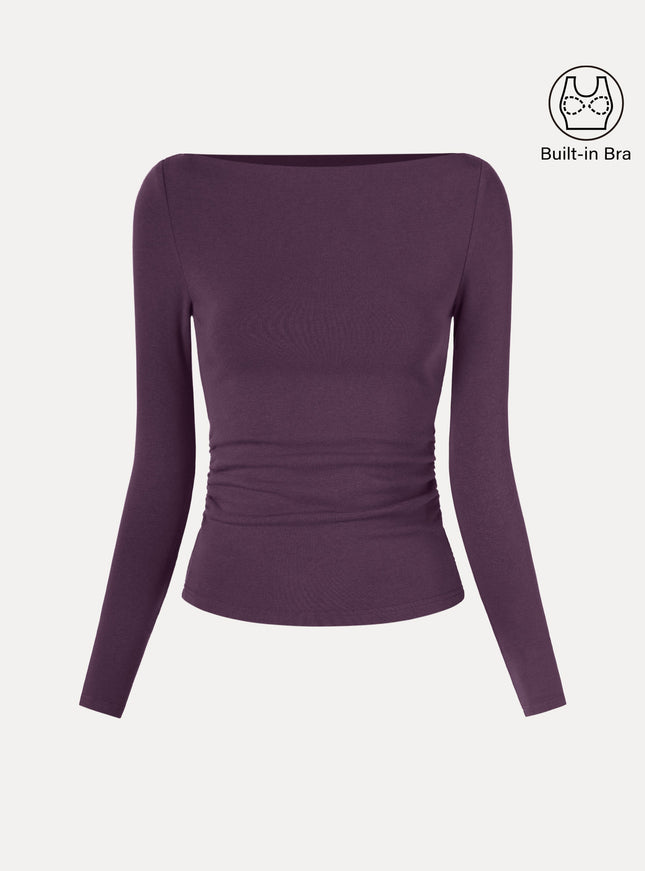Modern Side Ruched Boatneck Built-In Bra Top