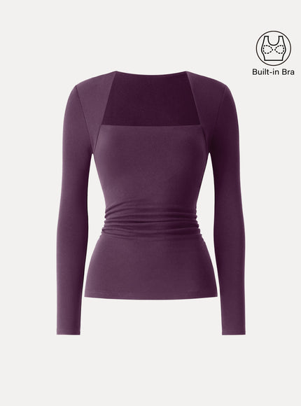 Trapeze Neck Long Sleeve Ruched Built-In Bra Top - Espresso Shut