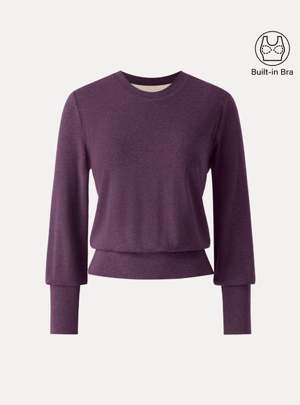 Elevated Crewneck Brushed Built-In Bra Top with Banded Hem