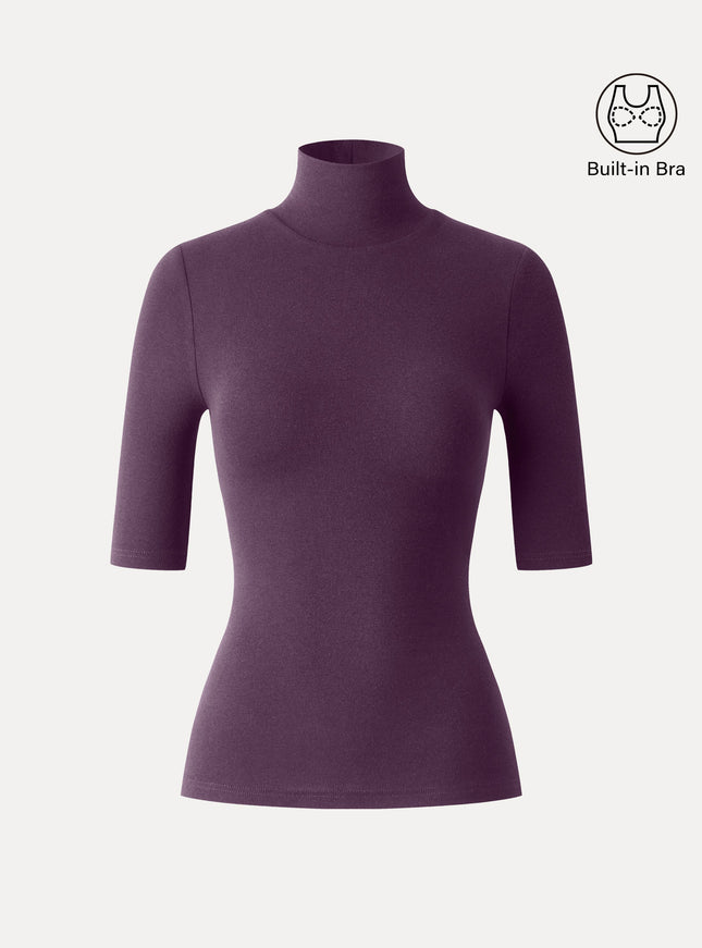 Essential Turtleneck Elbow Length Sleeve Built-In Bra Top - Midnight Navy