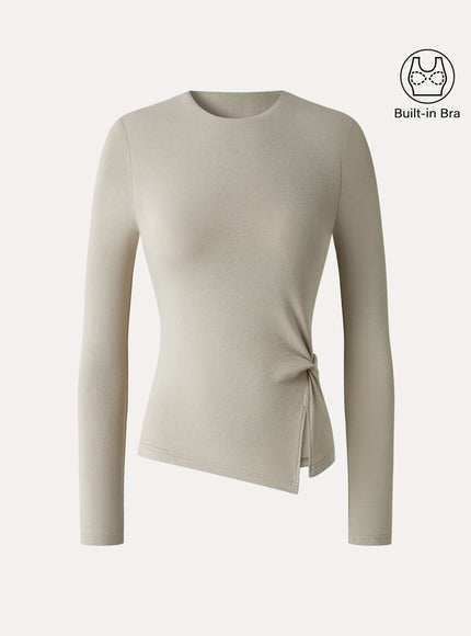 Round Neck Long Sleeve Twist-Hem Built-In Bra Top