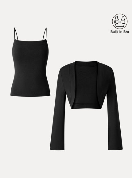 2-Piece Top Set Square Neck Spaghetti Strap Bell Sleeve Built-In Bra Cami