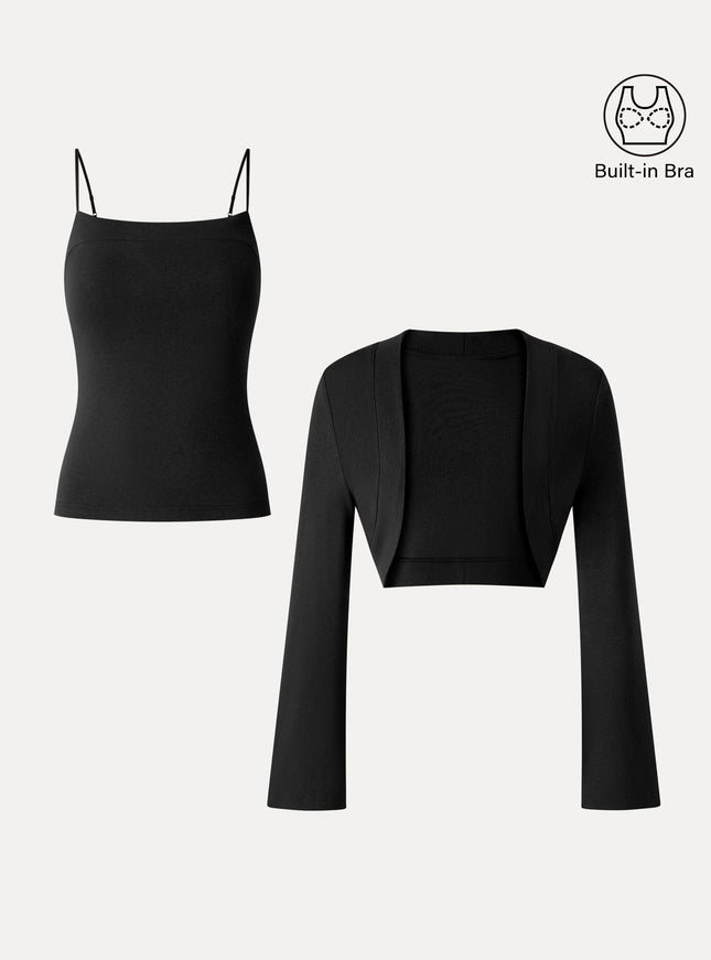 2-Piece Top Set Square Neck Spaghetti Strap Bell Sleeve Built-In Bra Cami