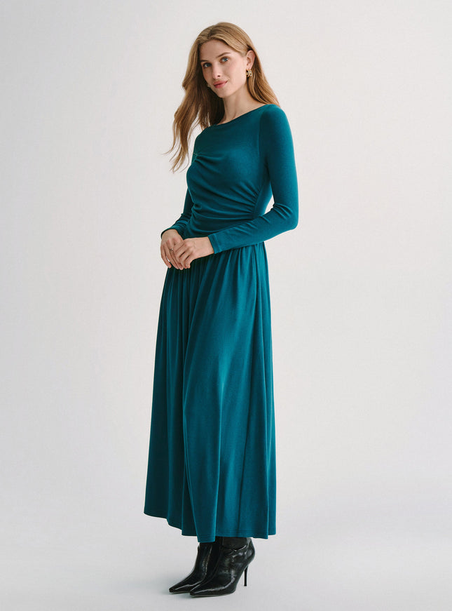 Boatneck Long Sleeve Ruched Maxi Built-In Bra Dress with Pockets