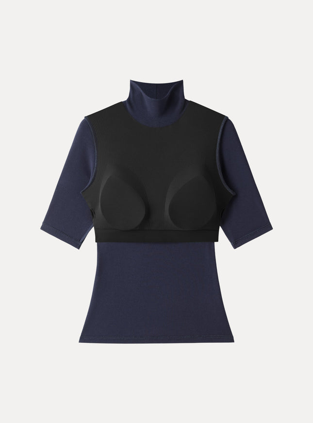 Essential Turtleneck Elbow Length Sleeve Built-In Bra Top - Midnight Navy