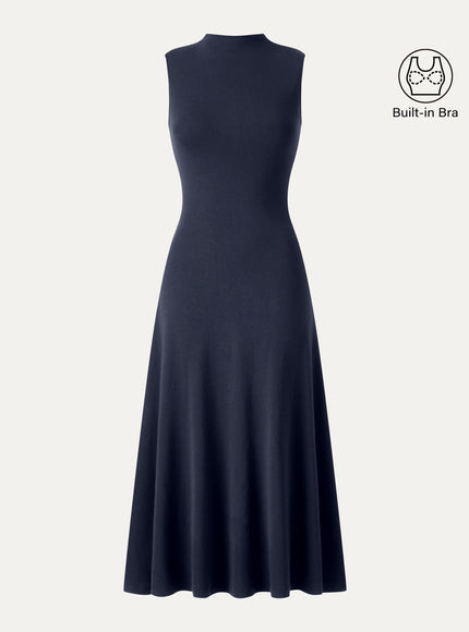 Mock Neck Sleeveless A-Line Midi Built-In Bra Dress