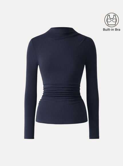 Mock Neck Long Sleeve Ruched Built-In Bra Top