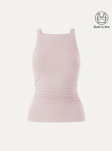 Chic Square Neck Ruched Rib Built-In Bra Tank