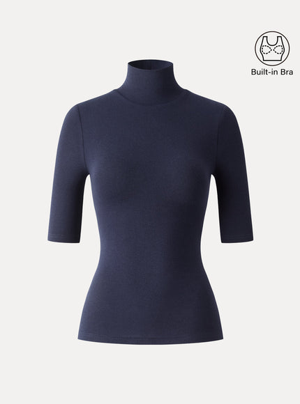 Essential Turtleneck Elbow Length Sleeve Built-In Bra Top - Midnight Navy