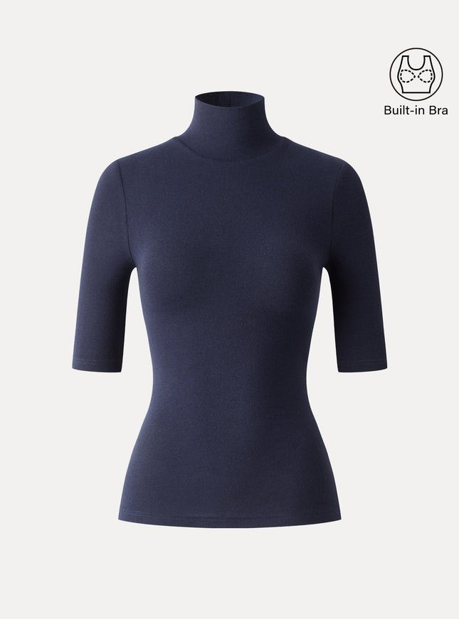 Essential Turtleneck Elbow Length Sleeve Built-In Bra Top - Midnight Navy