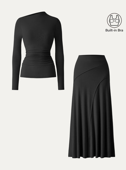2Pcs Set Asymmetrical Long Sleeve Built-In Bra Top & A-Line Midi Skirt