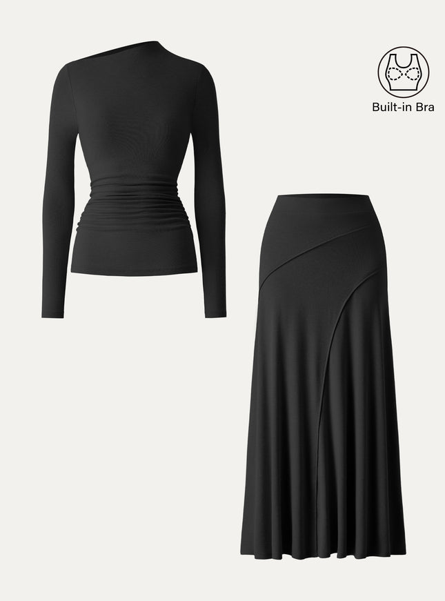 2Pcs Set Asymmetrical Long Sleeve Built-In Bra Top & A-Line Midi Skirt