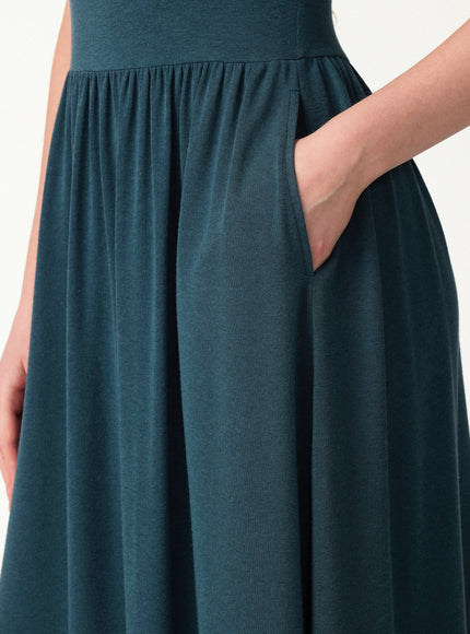 Round Neck Fit-and-Flare Midi Built-In Bra Dress with Pockets